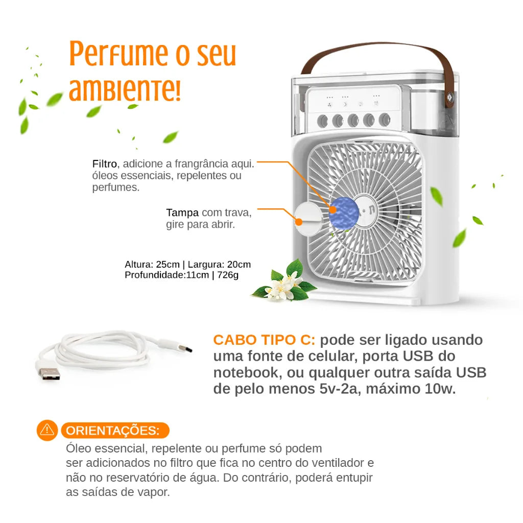 Mini Ar Condicionado Climatizador Umidificador Ventilador Portátil USB Led Quarto Sala Escritório Mesa Reservatório 600ml Alça